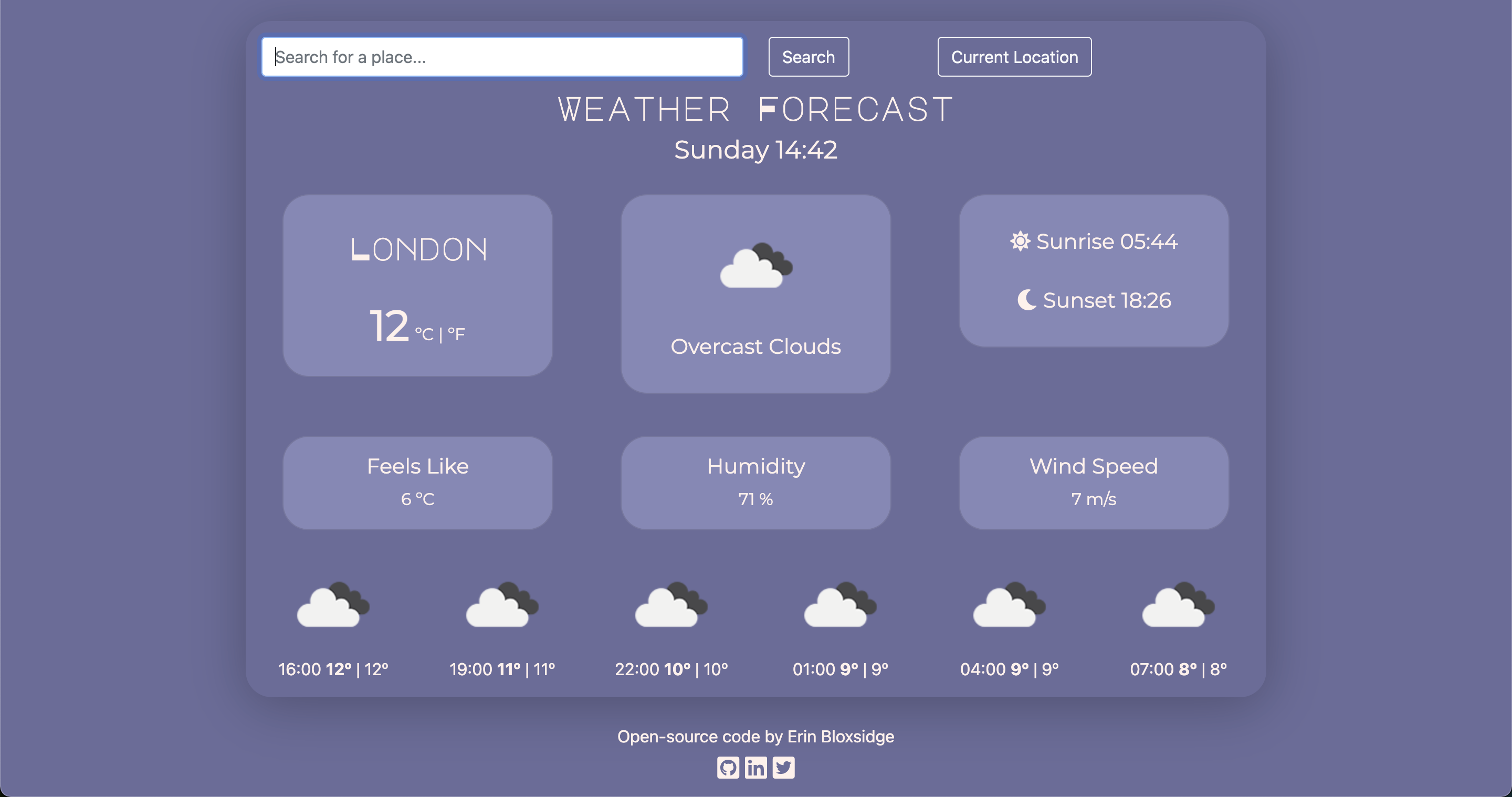 Mauve weather forcast website with weather icons and white text.